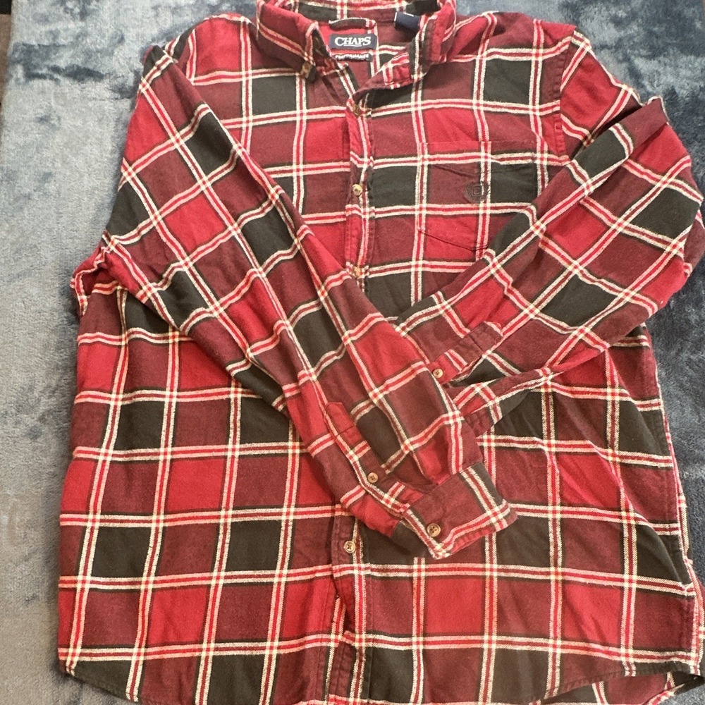 Chaps Performance Mens Large Red Black Plaid Flannel Button Down Shirt Cotton‎